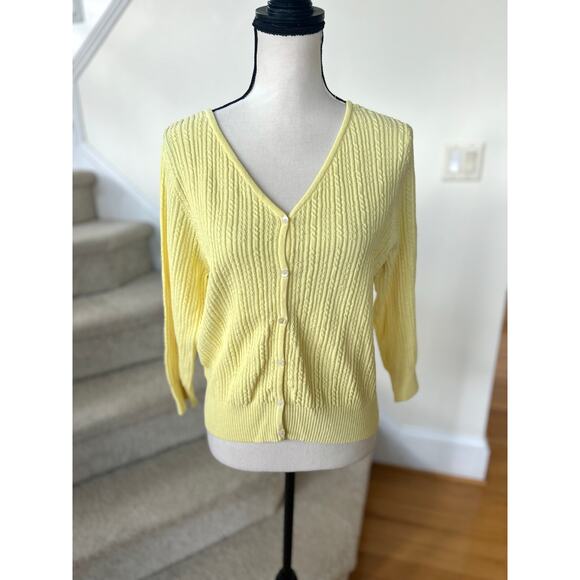 Vintage Liz Claiborne Lemon Butter Yellow Cableknit V-Neck Preppy Cardigan - Picture 1 of 6